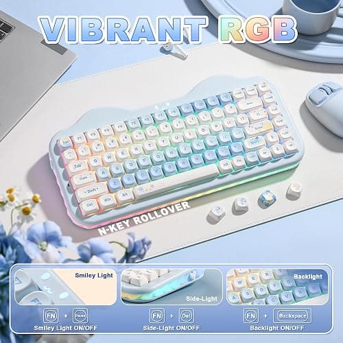 YUNZII C75 75% RGB Kabelloses Mechanisch Gaming Tastatur, BT5.0/2.4G/USB-C Creamy Tastatur Hot Swap NKRO,Niedliche Tastenkappen Gasket Mount mit Süße Kuchen für PC/Mac/Gaming (Blau, Milk V2 Switch) thumbnail 7