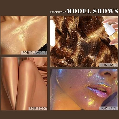 HOSAILY Body Glitter Spray, Moisturizing Bronze Body Shimmer Luminizer Glow Illuminator Quick-Drying and Non-Sticky Liquid Highlighter Spray for Face Hair Glitter, 60ML -Gold thumbnail 2