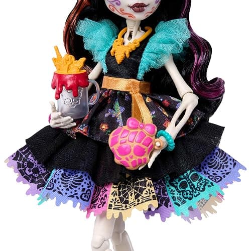 Monster High Skelita Calaveras Doll | Skeleton in Colorful Papel Picado Dress with Pet Dog Candelita & 7 Accessories like Sketch Book, Snack & Messenger Bag, JHK34 thumbnail 4