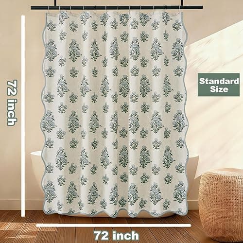 PROCIDA Green Scalloped Shower Curtain- Blue Block Print Floral, 72x72 Inch Linen Blend Bathroom Curtain with 12 Metal Hooks, Botanical Flower Bath Curtain for Country Bathrooms. thumbnail 2