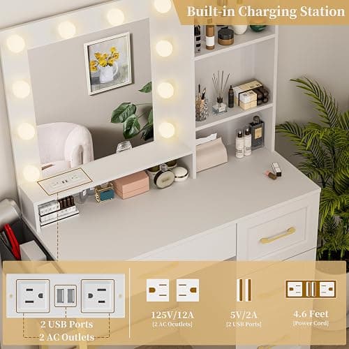 BONITURE Vanity Desk with Mirror, LED Lights and Power Outlet Makeup Vanity Table Set, Makeup Table with Stool 2 Drawers, 3 Color Modes Available for Bedroom,White+Gold thumbnail 7