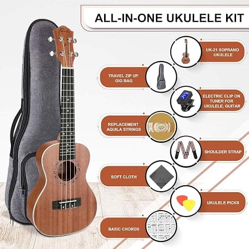Ranch Soprano Ukulele 21 inch Professional Wooden ukelele Instrument Kit with 12 Online Lessons Small Hawaiian ukele Guitar ukalalee Starter Pack Bundle Gig bag, Tuner, Strap, Aquila Strings Set thumbnail 2