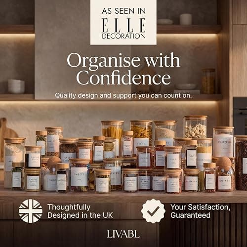 Livabl 420 UK Designed Pantry Labels for Jars - Stylish Minimalist Food White Labels Stickers for Jars | Kitchen Organisation - Durable Design for Long-Lasting Use | Includes Tea Coffee Sugar thumbnail 8