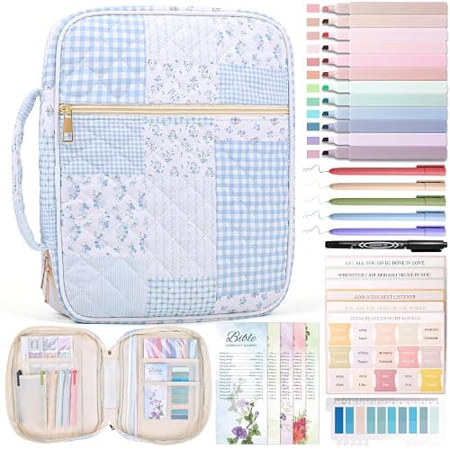 XKDOUS Bible Cover Case for Women Bible Bag Journaling Kit w/Study Supplies | Blue Patchwork Large Carrying Case w/Handle, Tabs, Pens, Portable Church Book Holder Christian Gifts for Woman Lady - Image 1