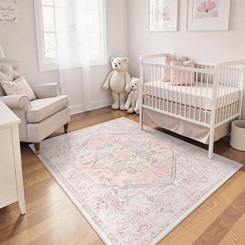 LIVEBOX Area Rug Pink 4x6 - Oriental Floral Bedroom Rug Vintage Low-Pile Indoor Rugs for Kids Room, Non-Shedding Retro Carpet, Accent Rugs for Kitchen Entryway Office Camper Pink thumbnail 2