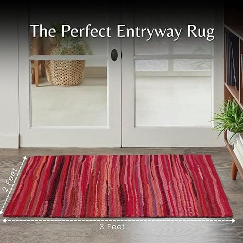 Ramanta Home 100% Cotton Hand Woven Chindi Rag Rug 2'x3' - Red, Recycled Reversible Rug, Boho Rustic Farmhouse Rugs for Living Room, Kitchen, Dinning Room Entryway Floor Mat - 24"x36" thumbnail 2