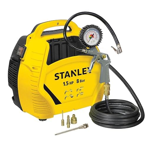 Stanley Compressore Aria Portatile 8 Bar - Compressore 8Bar Senza Olio con Attrezzi Pneumatici - Incl. Tubo dell'Aria da 3M, Pistola ad Aria con Manometro e 3 Ugelli - Giallo thumbnail 5