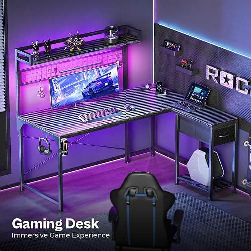 PRAISUN L Shaped Gaming Desk with Shelves, Corner Computer Table with LED Lights, Power Outlets and USB-C Ports, 50 Inch Home Office Desk with Storage Drawer, for Work and Study, Carbon Fiber Black thumbnail 9