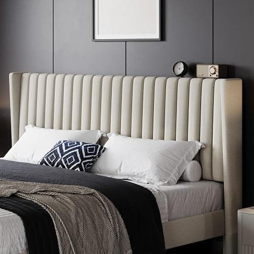 Yaheetech King Bed Frame Upholstered Platform Bed with Fabric Headboard, Wing Edge Design/Non-Slip and Noise-Free/Wooden Slats Support/No Box Spring Needed/Easy Assembly, Ivory King Bed thumbnail 9