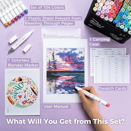 Ohuhu Alcohol Markers 104 Colors Brush& Fine for Artist Adult Cozy Coloring | AP Certified Refillable Art Marker Set, Dual Tips Alcohol-based for Beginners Drawing Illustration Sketching, Honolulu B thumbnail 8