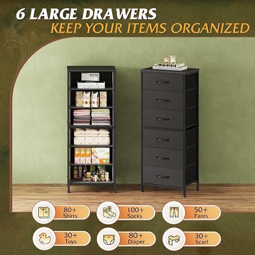 WLIVE Black Tall Dresser for Bedroom, 6 Drawer Dressers & Chests of Drawers, Fabric Dresser for Closet, Living Room, Night Stand with Metal Frame, Storage Tower with Fabric Bins, Wood Top thumbnail 5