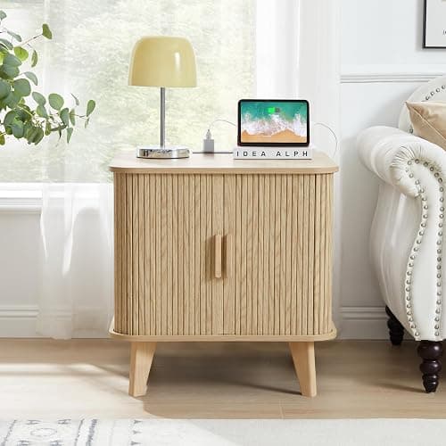 RUSTYER Farmhouse Square End Table with Charging Station, 24" Large Fluted Sofa Side Table with Sliding Tambour Door and Storage, Rustic Curved Wood Nightstand for Living Room, Bedroom, Natural thumbnail 4