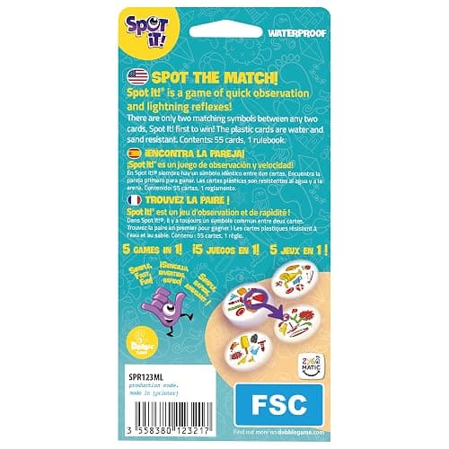 Asmodee Spot It! Waterproof (2024 Refresh) - Eco-Blister Edition, 5-in-1 Visual Perception Game for Quick Reflexes and Family Fun, Ages 6+, 2-8 Players, 10 Minute Playtime thumbnail 3