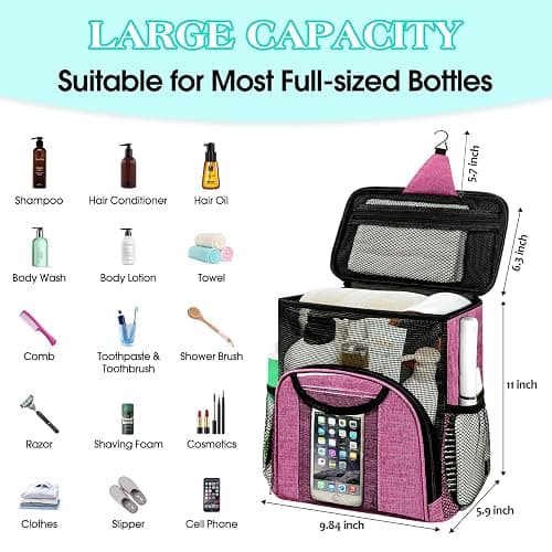 Attmu Portable Shower Caddy College Tote Bag, Quick Dry Hanging Toiletry Bag, Large Capacity Mesh Shower Caddy Portable for College Dorm Room Essentials for Boys and Girls for Bath Camping (Pink) thumbnail 3