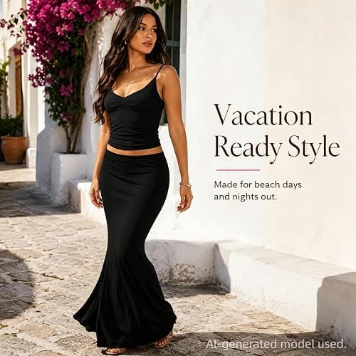 Lybiogs Two Piece Skirt Set Women Maxi Long Skirt and Top Outfit | Soft stretchy 5 pc, slim bodycon, adjustable spaghetti straps, ruched crop tank, elastic waist, going out, beach vacation thumbnail 3