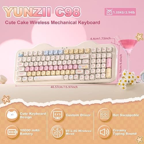 YUNZII C98 Drahtlose Mechanische Tastatur mit Nummernblock,BT5.0/2,4G/USB-C,Hot-Swap Gasket Mount,PBT MOA-Tastenkappen,RGB, Niedliche Kuchen Tastatur für Windows/Mac (Beige, Milk V2 Linear Switch) thumbnail 2