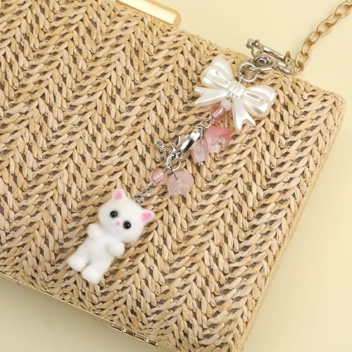 Cat Keychain, Cute Fuzzy Kitty Key Chain White Plush Kitten Charm Keychain with Bow Heart Pendant Stuffed Animal Key Ring for Key Backpack Purse Phone Decor thumbnail 7