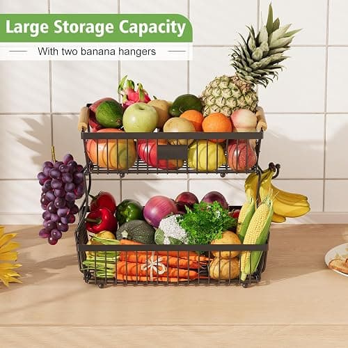 Astrorhine 2 Tier Fruit Basket for Kitchen Counter with 2 Banana Hangers, Countertop Metal Bread Basket with Wooden Handle, Large Storage Stand for Vegetables, Snacks, Eggs, Produce Storage – Black thumbnail 3