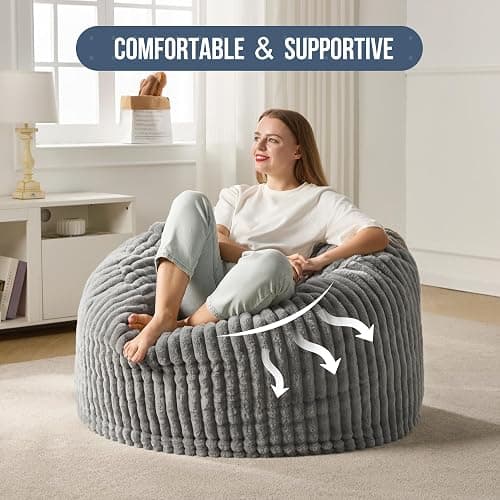 Hobestluk 3ft Bean Bag Chairs for Adults Large Beanbag Chair with Stripe Plush Cover Big Bean Bag Chair for Living Room Bedroom Dorm Office - Grey (36” x 36” x 22”) thumbnail 6