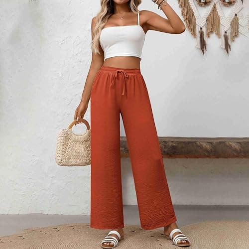 KateModa Women's Wide Leg Pants Adjustable Tie Knot Elastic Waist Palazzo Pants High Waist Loose Flowy Trousers with Pockets thumbnail 3