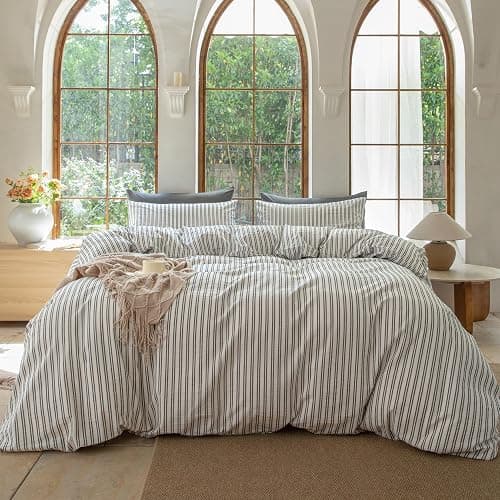 BESTDESIL Striped Duvet Cover Set,100% Washed Cotton Line Like Breathable Trendy Bedding Set(Strip-White/Black,Full) thumbnail 2