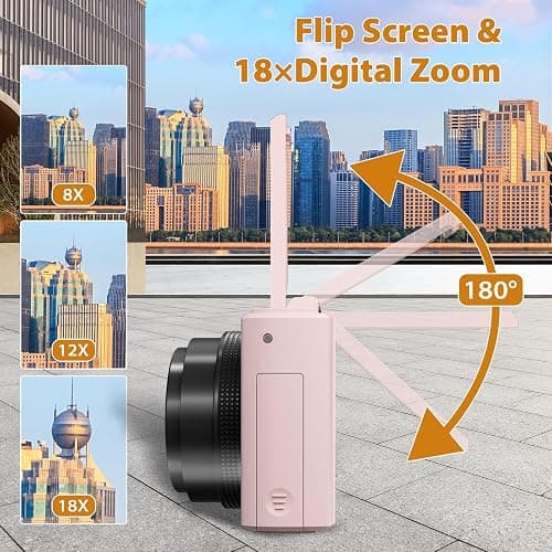 4K Digital Camera for Photography, 64MP Compact Vlogging Camera with WiFi and 3" 180° Flip Screen, 18X Digital Zoom, Ideal for YouTube Creators, Includes 2 Batteries & 32GB Micro SD Card, Pink thumbnail 4