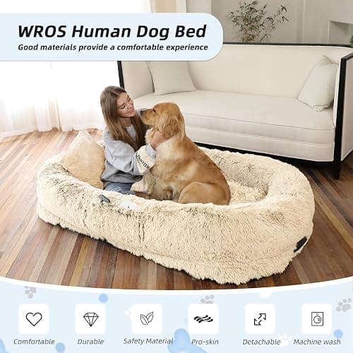 Human Dog Bed, 71''x45''x12'' Size Fits You and Pets, Washable Faux Fur Pet Bed for People Doze Off, Napping Orthopedic Dog Bed, Present Plump Pillow, Blanket, Strap - Beige thumbnail 2