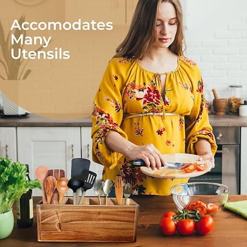 Dstuff Large Kitchen Utensil Holder Organizer for Counter or Countertop, Wooden Storage Container for Cooking and Silverware, Acacia Rustic Wood (4 Compartments) thumbnail 2