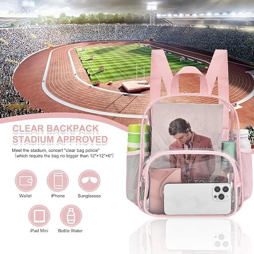 Busiuw Clear Backpack for Stadium Events Clear Backpack 12x12x6 with Front Pocket for Concert Sport Events Work Travel (Pink) thumbnail 5