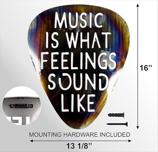 Top Brass Jumbo 16" Metal Guitar Pick Wall Art – “Music Is What Feelings Sound Like” Quote – Steel Wall Décor – Music Room, Studio, or Man Cave Art (Flame Torched) thumbnail 2
