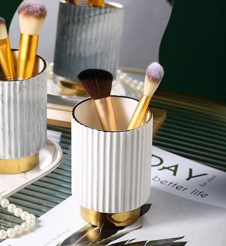 IEEK Makeup Brush holder Organizer,Glass Cosmetic Makeup Brush Cup Ceramics Brushes Storage Holder,White and Gold Modern Make Up Brush Cup Pen Pencil Holder Striped Vase thumbnail 2
