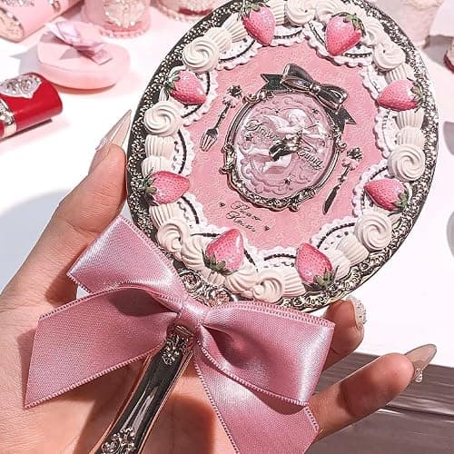 Flower Knows Strawberry Cupid Hand Mirror,Vintage Handheld Mirror,Fancy & Pretty Princess Mirror with Long Handle,Gift for Girls & Women(Milk Pink) thumbnail 5