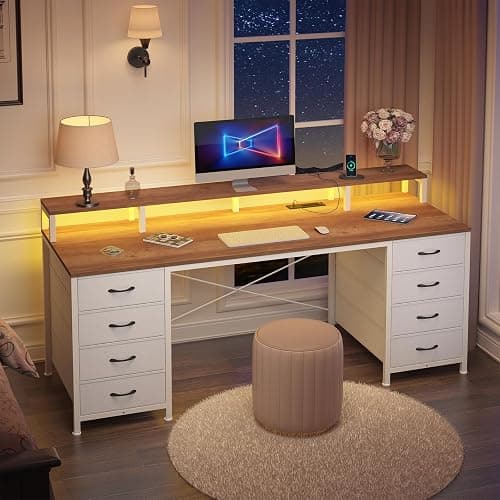 60" Computer Desk with 8 Drawers & Monitor Stand for Home Office, Bedroom | Gaming Desk with LED Lights & Power Outlets, Home Office Desk with 8 Fabric Drawers, Brown & White thumbnail 8
