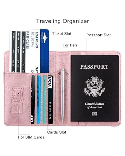 WALNEW Passport Holder for Travel, RFID Passport Cover Wallet for Women Men, PU Leather Passport Book Card Holder Case with Pen (Elastic Band Closure, A-Rosegold) thumbnail 2
