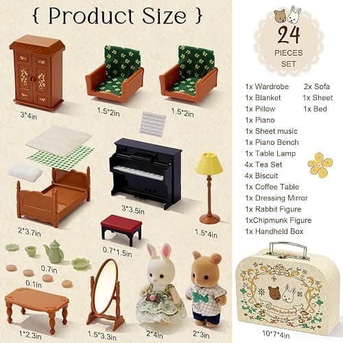 Dollhouse Bedroom Furniture Accessories Suitcase Set for Kids, 2 Flexible Dolls/Table/Bed/Bedclothes/Floor Lamp/Safety Mirror/Wardrobe/Piano/Stool, Pretend Play Christmas Birthday Gift for Girls 3+ thumbnail 3