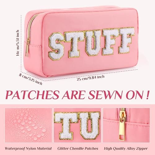 Remerry 4 PCS Nylon Cosmetic Bags Waterproof Spacious Travel Makeup Organizer for Women Chenille Letter Preppy Zipper Pouch Face Stuff Skin Hair Organizer Gift(Pink) thumbnail 3