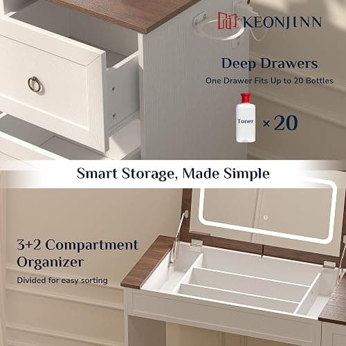 Keonjinn White Flip Top Vanity Desk with Mirror and Lights, 3 Drawers, Dimmable 3 LED Lighting Modes, Charging Station & Hairdryer Rack, 46" W Modern Farmhouse Makeup Dressing Table, NO Chair Included thumbnail 7
