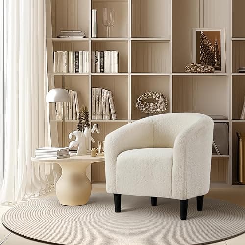 Yaheetech Accent Barrel Chair, Boucle Fabric Club Chair, Furry Sherpa Elegant Armchair with Cozy Soft Padded, Suitable for Living Room Bedroom Reception Room Office, Ivory thumbnail 5