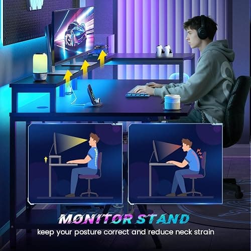 SEDETA Gaming Desk 70.8'' with LED Lights and Storage Shelves, Computer Desk with Monitor Stand, Power Outlets and Cup Holder, Large PC Gamer Desk, Gaming Table for Bedroom, Living Room, Black thumbnail 8