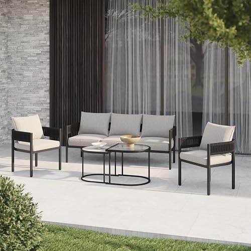 Gand Patio Outdoor 3-Seat Couch Sofa, Wicker Conversation Set with Thick Cushion for Porch, Garden, Yard, Beige thumbnail 9