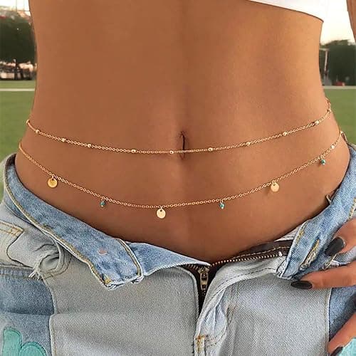 Turandoss 1-3PCS 18K Gold Plated Waist Chains for Women - Gold Layered Belly Body Chain for The Waist Adjustable Multilayer Sexy Bikini Waist Chain for Women Dainty Beach Waist Jewelry for Women thumbnail 3