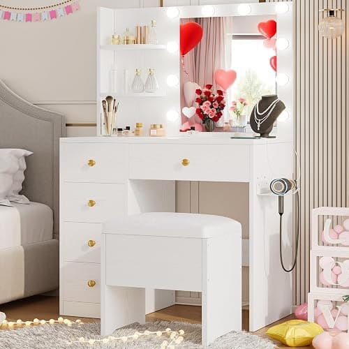 IRONCK Vanity Desk with Mirror and Lights, Small Makeup Vanity Table with 5 Drawers, Power Outlet, and Vanity Stool, 3 Lighting Colors, Dressing Table for Women Girls Bedroom, White thumbnail 2