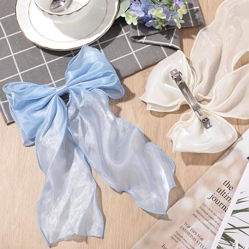 STSTR 2Pcs Large Hair Bow Clips, Blue White Silk Yarn Ribbon Bow Hair Barrette for Women, Elegant Long Tail Bowknot French Hairstyles Accessories for Wedding, Parties, Festivals thumbnail 3