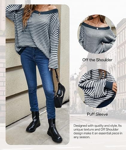 MARZXIN Women's 2025 Fall Long Sleeve Sweaters Casual Loose Striped Off Shoulder Casual Oversized Knitted Sweater Pullovers thumbnail 6