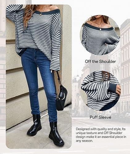 MARZXIN Women's 2025 Fall Long Sleeve Sweaters Casual Loose Striped Off Shoulder Casual Oversized Knitted Sweater Pullovers thumbnail 7