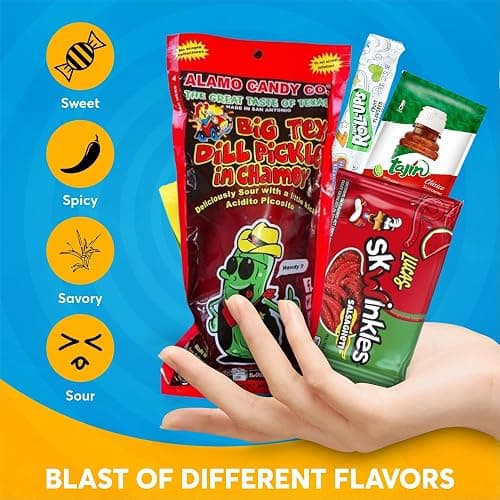 Chamoy Pickle Kit by CHRONOS 9 Piece Kit includes Alamo Big Tex Chamoy pickle, Skwinkles Watermelon Flavor, Lucas Gusano (tamarind), Lucas Polvos (chamoy), Tajin Packet, Fruit Roll Up, Tamarind Pulp Candy, Takis Fuego and Chronos Magnet thumbnail 3