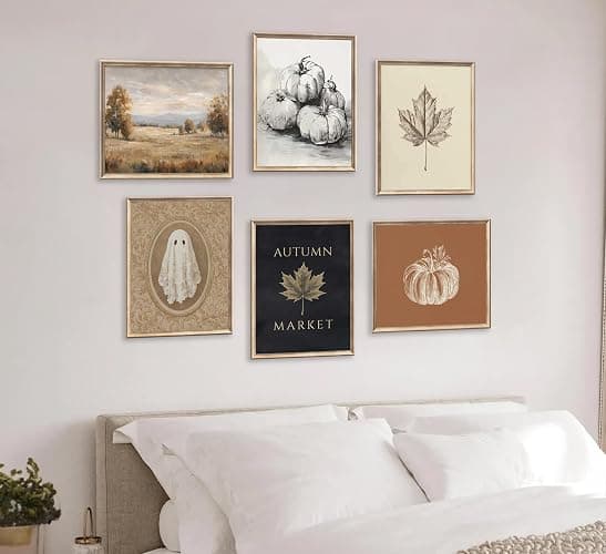 6Pcs Fall foison Pumpkin Wall Art Retro Country Autumn Maple Leaf Poster Prints Halloween Ghost Canvas Picture Wall Decor for Autumn Gallery Living Room Bedroom 8x10in Unframed thumbnail 7