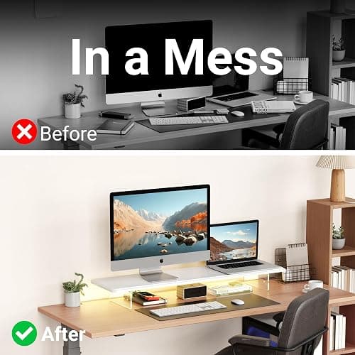 AFOOYO Monitor Stand Riser,31.5-Inch LED Light Wood Computer Monitor Stand with Adjustable Acrylic Legs,Desk Accessories Desktop Organizer Stand for, Computer,Laptop,Printer,PC TV Screen Riser,White thumbnail 5