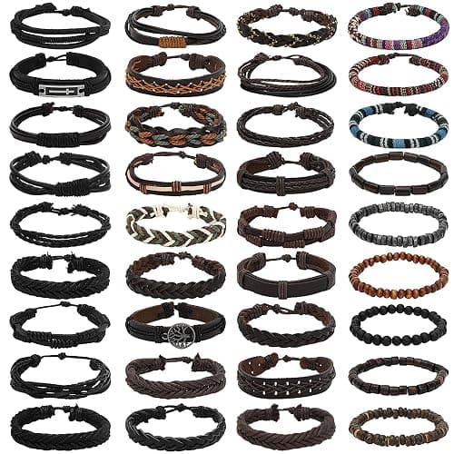 NEWITIN 36 Pieces Braided Leather Bracelets for Men Woven Cuff Wrap Bracelet Wood Beads Cuff Bangle Adjustable Wristband Bracelets Ethnic Tribal Bracelet Set for Women Men - Image 1
