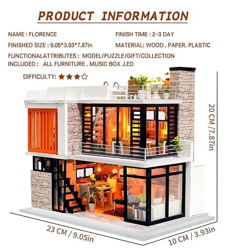 Spilay Dollhouse Miniature with Furniture,DIY Kit Mini Modern Villa Model with Music Box,1:24 Scale Creative Doll House Best Christmas Birthday Gift for Lovers Boys and Girls(Florence) - Florence With Music Box thumbnail 3